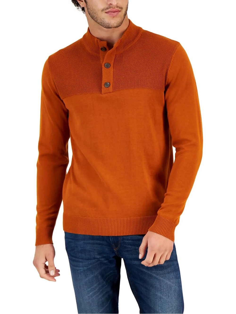 NWT Club Room Men's XL Deep Rust 4-Button Mock Neck Knit Sweater
